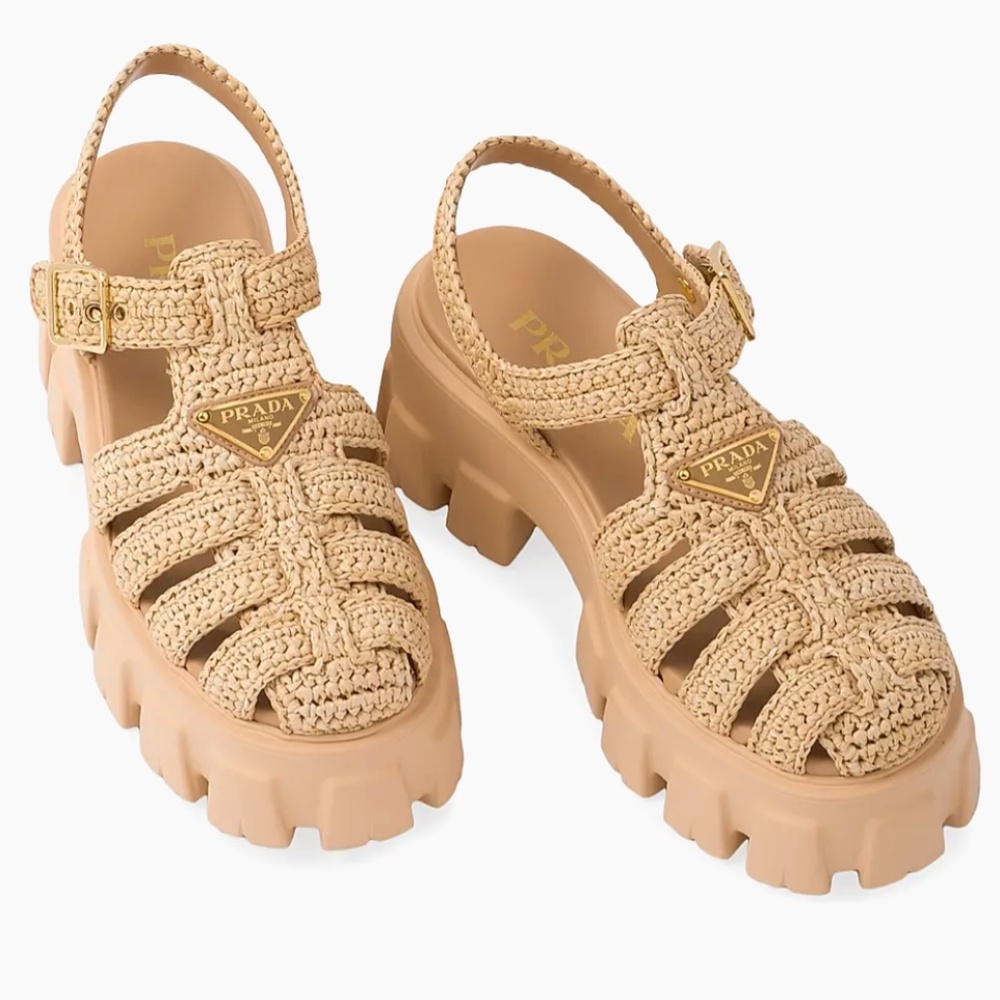 PRADA Monolith Crochet Cage Sandals Beige Khaki- 39